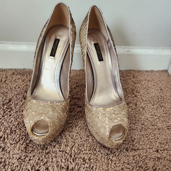 LOUIS VUITTON Beige Sequin Sanaga Open Toe Pumps Size 8.5/38.5 Authentic - Picture 3 of 14